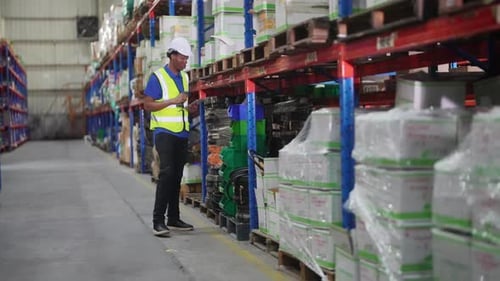 Worker Doing Inventory in Warehouse. Dispatcher in uniform making inventory in storehouse. supply ch