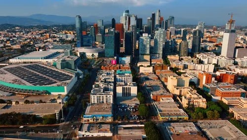 Bright diverse scenery of Los Angeles downtown at daytime.