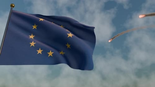 European Union Flag Waving with Fiery Projectiles Falling