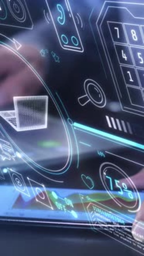 A Man Works with Data on a Virtual Panel