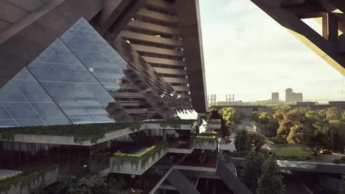 Modern Architectural Building with Green Terraces Aerial Pan