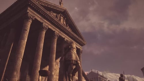 Historic Temple with Towering Columns Under a Dramatic Sky at Sunset
