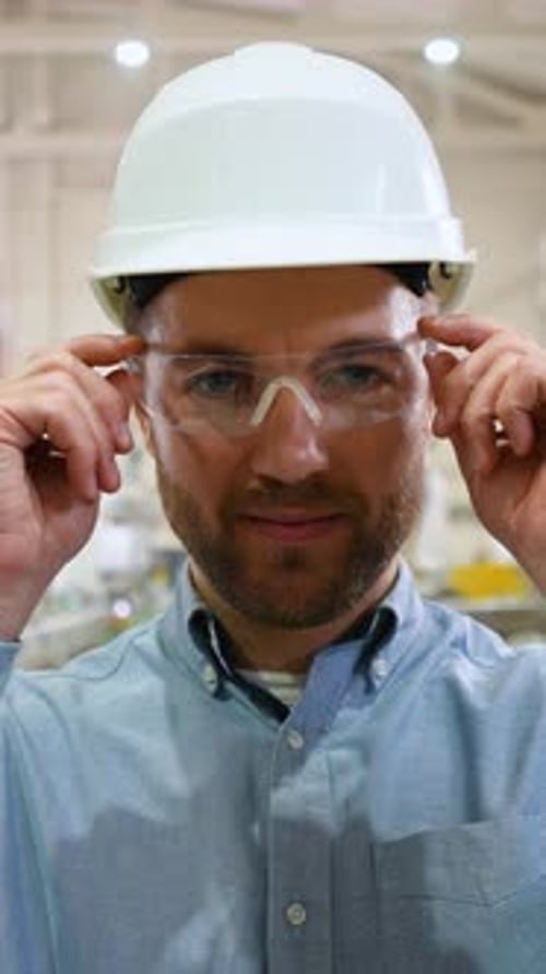 Confident Engineer Removes a Protective Glasses on the Production Line Vertical Video
