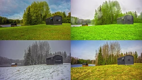 Thermowood Cabin And Barrel Sauna In Four Different Seasons Spring, Summer, Autumn, And Winter. - ti