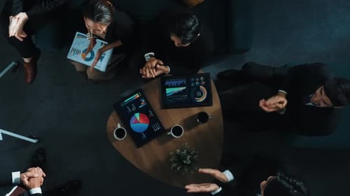 Top down view of smart business team listen investor present idea. Directorate.