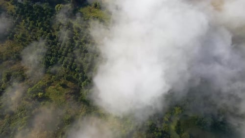 Aerial View From Above of Morning Fog Over Green Wooded Landscape High Humidity Causing Air