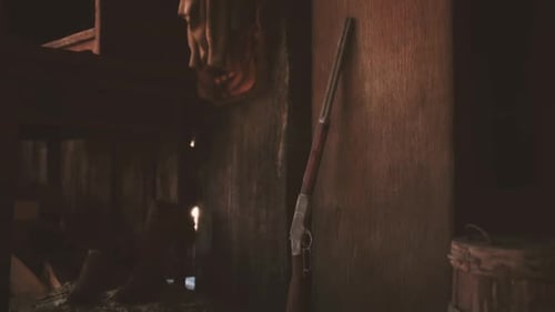 Rustic Cabin Interior with Flickering Light and Rifle