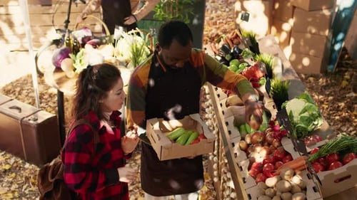 Vendor Serving Customer at Farmers Market
