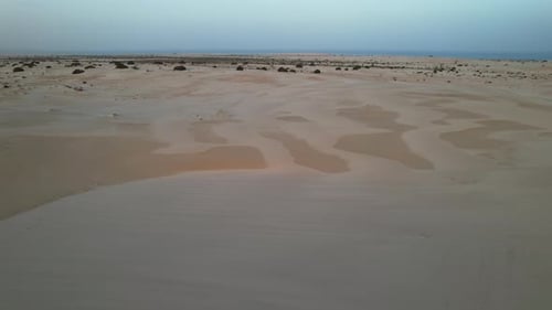 Aerial view of Cofete beach with endless horizon and traces on the sand