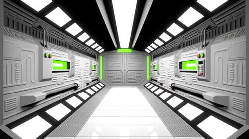 Moving through opening spaceship gateway in to the outer space