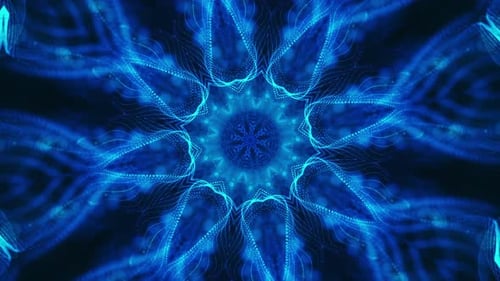 Blue flower with black background and blue center. Kaleidoscope VJ loop