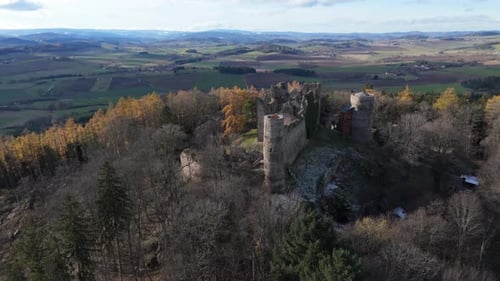 Aerial video above Helfenburk u Bavorova castle ruins aerial view in Czech Republic