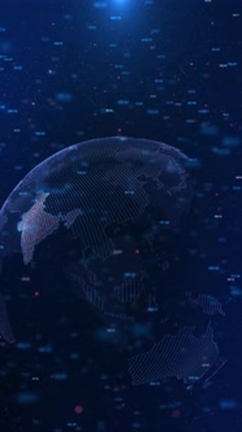 Futuristic Digital Global Data Network Earth Floating Analytics Numbers Glowing Dots Floating