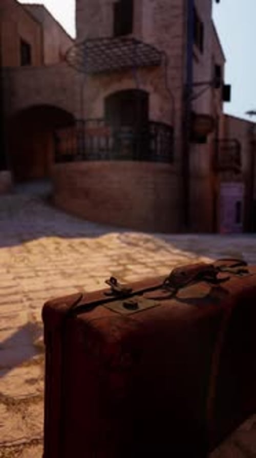 A Suitcase Sitting on a Cobblestone Street