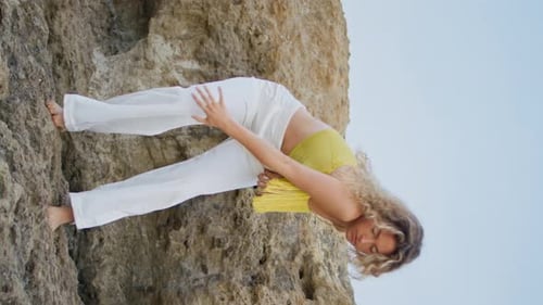 Modern Style Dancer Moving Body Stone Rock Vertically Woman Performing Dance