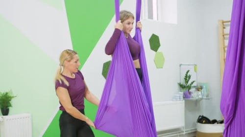 Woman Performs Exercises Fly Yoga Gymnastics Healthy Body Gym