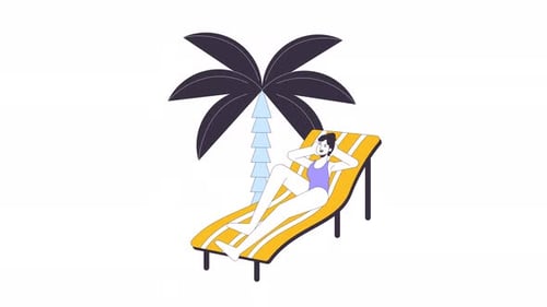 Woman Sunbathing on Beach Line Cartoon Animation