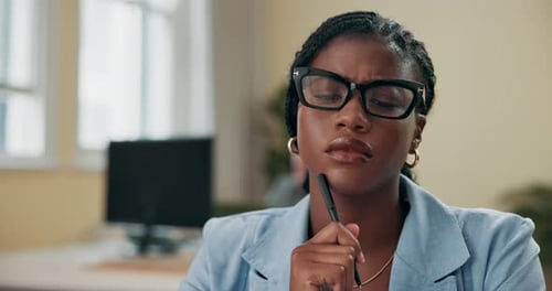 Problem solving, thinking and video call with business black woman in office for development