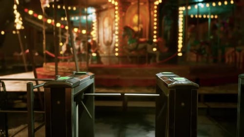 Empty Amusement Park at Night with Glowing Lights and Still Attractions