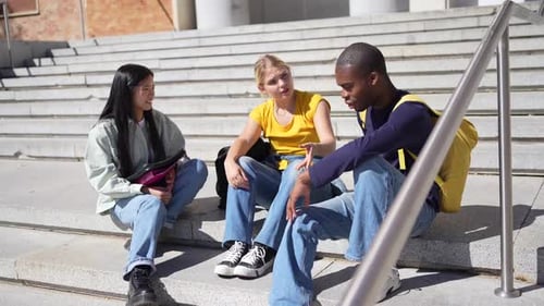 Multiethnic Friends Sitting on the Stairs of the University