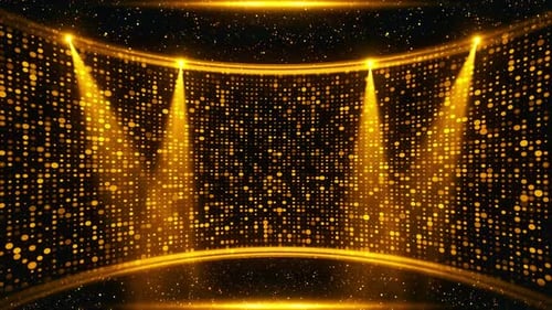 Dynamic Golden Stage Background with Spotlights and Shimmering Dots