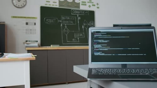 IT Classroom with Chalkboard with Flowchart and Laptop Displaying Code