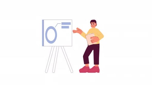 Brille asiatischer Mann zeigt Präsentation 2D-Charakteranimation