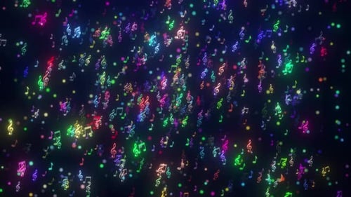 Glowing Neon Musical Notes and Particles Floating Background