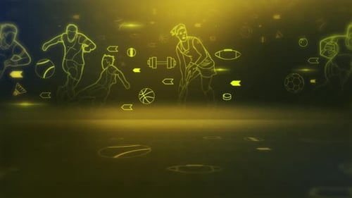 Dynamic Neon Sports Background with Animated Athletes and Icons