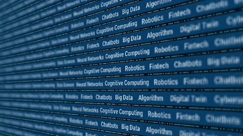 Artificial intelligence words AI and machine learning concepts. Abstract technology background