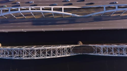 Aerial Top Down View of Highway Bridge with Car Traffic