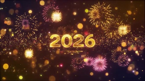 Golden 2026 New Year Celebration with Sparkling Fireworks Animation