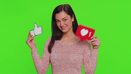 Woman Holding Social Media Like and Heart Icons