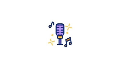 Animated Microphone Icon with Music Notes and Sparkles