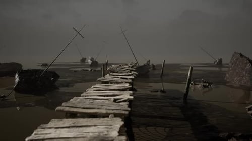 Mysterious Landscape with Abandoned Boats and Wooden Pathway at Dusk