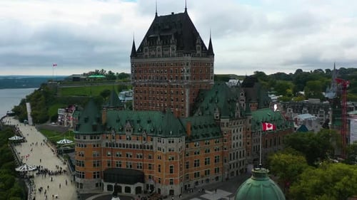 Aerial view in front of the Fairmont Le Château Frontenac hotel in Quebec city