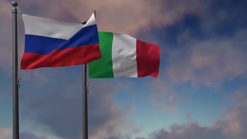 Flags of Russia and Italy Waving Together