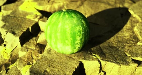 Fresh Green Watermelon on Sunlit Rocky Surface in Bright Outdoor Setting