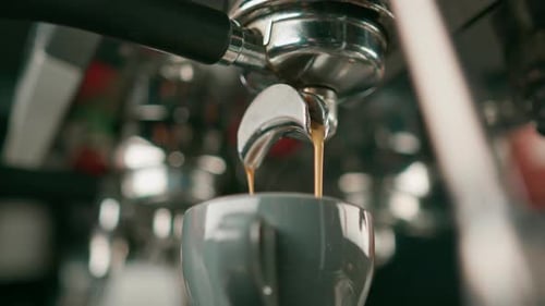 Pouring coffee flows from the machine into the cup making hot drink using the filter holder freshly