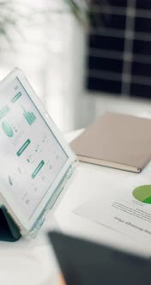 Tablet screen, hands and document in office with graphs, statistics and results for finance