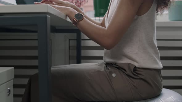 Female Programmer Sitting on Fit Ball and Coding on Computer in Office ...
