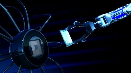 Robotic Arm Installing CPU Chip in Futuristic Device