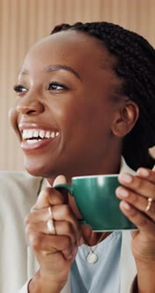 Smile, thinking and coffee with business black woman in office for reflection, beverage or vision