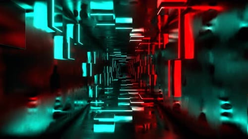 Red And Turquoise Fantastic Corridor With Random Glowing Slabs Background Vj Loop In 4K