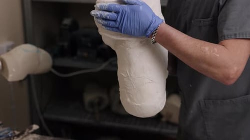 Person Shaping White Leg Cast in Workshop