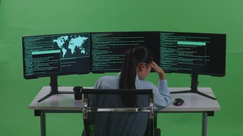 Entwicklerin hat Kopfschmerzen beim Schreiben von Code mit mehreren Computerbildschirmen auf grünem Bildschirm