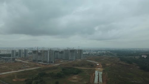 Construction site of a new city block. Construction of multi-storey buildings.