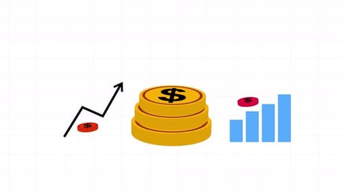 Animated Financial Growth Data with Coins, Bar, and Line Graphs