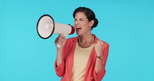 Studio, screaming or woman with megaphone for protest, speech or activism for human rights