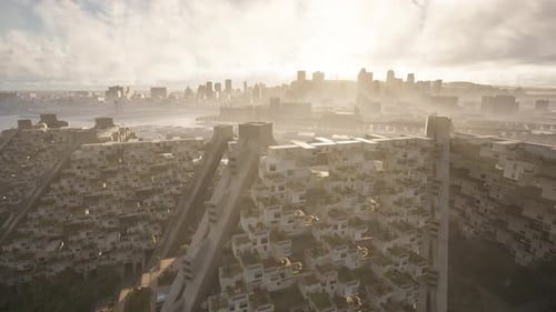 Un bullicioso horizonte de la ciudad desde arriba